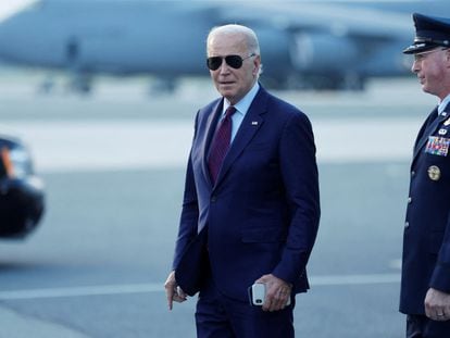 U.S. President Joe Biden walks on the tarmac after arriving at Dover Air Force Base, in Dover, Delaware, U.S. July 28, 2023.