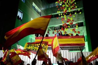 Vox leader Santiago Abascal addresses cheering supporters in Madrid.