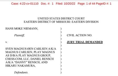 Primera página de la demanda presentada hoy por Niemann contra Carlsen y otros en un juzgado de Misuri (EEUU)
