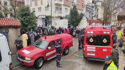 The emergency services on the scene in Morocco in February 2021, after 26 people died from electrocution at an illegal textiles factory.
