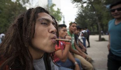A group of young people smoke marijuana outside the Mexican Senate last year.