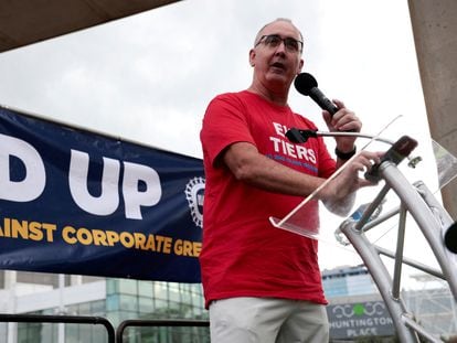 United Auto Workers President Shawn Fain addresses the audience during a rally in support of striking UAW members in Detroit, Michigan, September 15, 2023.