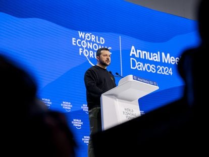 Ukraine's President Volodymyr Zelenskiy speaks at the 54th annual meeting of the World Economic Forum (WEF) in Davos, Switzerland, 16 January 2024.
