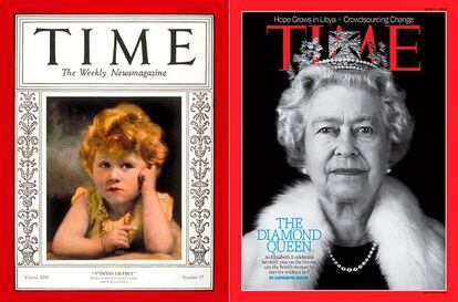 Princess Elizabeth at age three on the 1929 cover of Time magazine, and Queen Elizabeth II at 86 on the 2012 cover of Time, celebrating her Diamond Jubilee (60 years on the throne).
