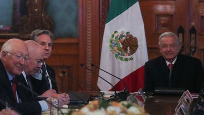 U.S. Secretary of State Antony Blinken attends a working meeting with Mexican President Andrés Manuel López Obrador and U.S. Secretary of Homeland Security Alejandro Mayorkas at the National Palace in Mexico City, Mexico.