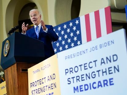 Joe Biden speaks about his administration's plans to protect Social Security and Medicare and lower healthcare costs, Feb. 9, 2023, at the University of Tampa.