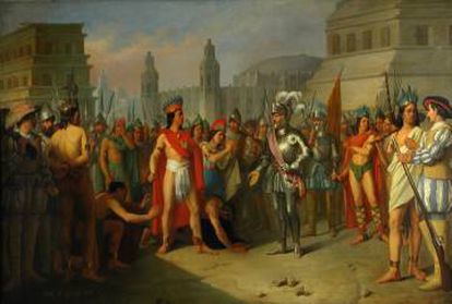 A painting at the Prado Museum depicting Cuauhtémoc made prisoner by Hernán Cortés.