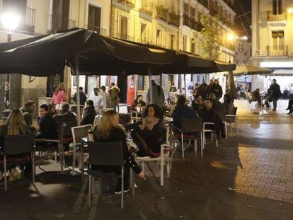 One of the many terrace bars open till late in Madrid’s Chueca neighborhood.