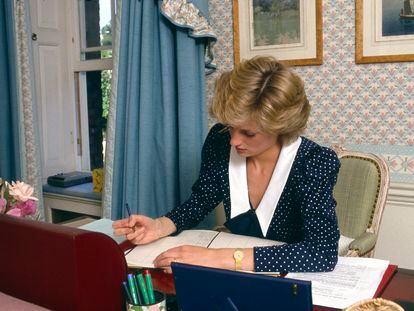 Diana of Wales in the office of her residence at Kensington Palace, in London, in a file image.