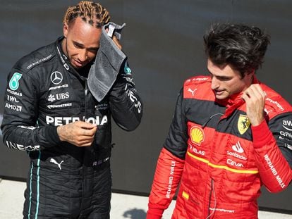 Third placed British Formula One driver Lewis Hamilton of Mercedes-AMG Petronas (L) and second placed Spanish Formula One driver Carlos Sainz of Scuderia Ferrari after the Formula One Grand Prix of Canada at the Circuit Gilles-Villeneuve in Montreal, Canada, 19 June 2022.