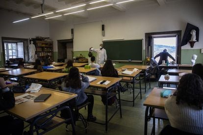 Students at the Rosalia de Castro Secondary School in Santiago de Compostela, Spain.