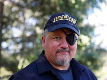 Oath Keepers militia founder Stewart Rhodes poses during an interview session in Eureka, Montana, on June 20, 2016.
