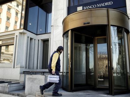 The headquarters of Banco Madrid appeared calm on Wednesday.