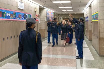 Army Secretary Christine Wormuth is greeted at the Chicago Military Academy on February 15, 2023.