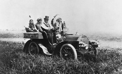 The Apache leader Geronimo and three other Indigenous men on a car, circa 1904, placed there by American captors. 