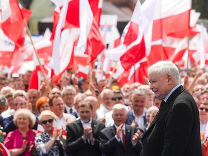 Polish deputy prime minister and PiS chairman Jaroslaw Kaczynski last Saturday at a convention of the United Right coalition, in an image released on Twitter.