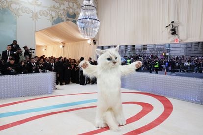 Jared Leto inside a cat suit on the carpet for the 2023 Met Gala.