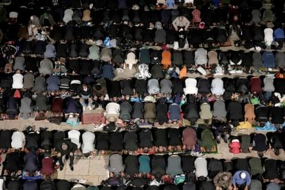 Muslims pray on Laylat al-Qadr, or night of power, that marks the last 10 days of the holy month of Ramadan, at the Al-Aqsa Mosque compound in Jerusalem's Old City, Friday, April 5, 2024.
