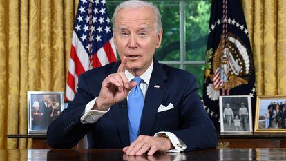 US President Joe Biden addresses the nation on averting default and the Bipartisan Budget Agreement, in the Oval Office of the White House in Washington, DC, June 2, 2023.
