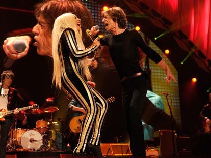 Lady Gaga and Mick Jagger at a Rolling Stones concert on December 15, 2012 in New Jersey.