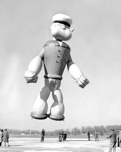A giant blow-up doll of Popeye in Central Park during a Thanksgiving Day Parade in the 1930s.