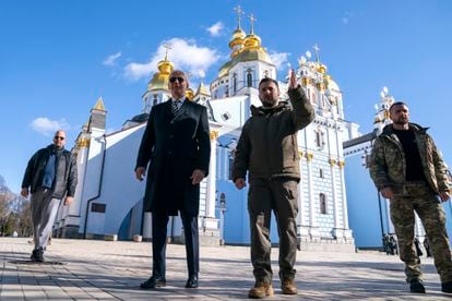 President Joe Biden walks with Ukrainian President Volodymyr Zelenskyi at St. Michaels Golden-Domed Cathedral on a surprise visit, on Feb. 20, 2023, in Kyiv.