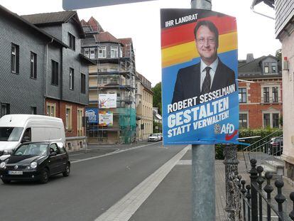 A street in the center of Sonneberg, with an election poster for Robert Sesselman, candidate of the far-right Alternative for Germany.