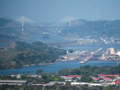 A cargo ship waits near the Centennial Bridge for transit through the Panama Canal locks, in Panama City, Wednesday, Jan. 17, 2024.