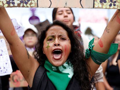 A protester participates in this year's International Women's Day march in Quito, Ecuador, on March 8.