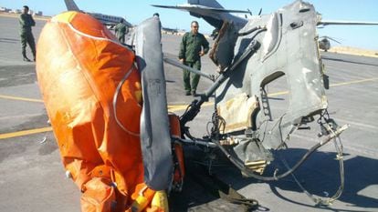 The remains of the helicopter, which crashed into the sea.