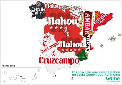The most-drunk beers in each autonomous region of Spain (no data for Canary Islands or Ceuta and Melilla).