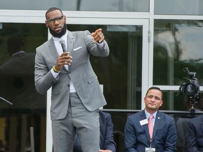 LeBron James speaks at the opening ceremony for the I Promise School in Akron, Ohio, Monday, July 30, 2018.