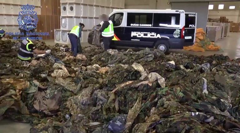 Military uniforms meant for Islamic State and seized at the port of Valencia.