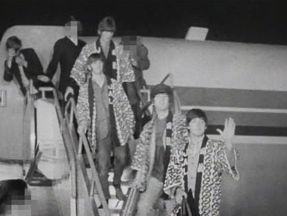 In a still frame from the now-published video, The Beatles can be seen leaving an airplane wearing kimonos.