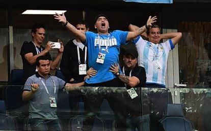 Maradona celebrates an Argentina goal during their game against Nigeria.