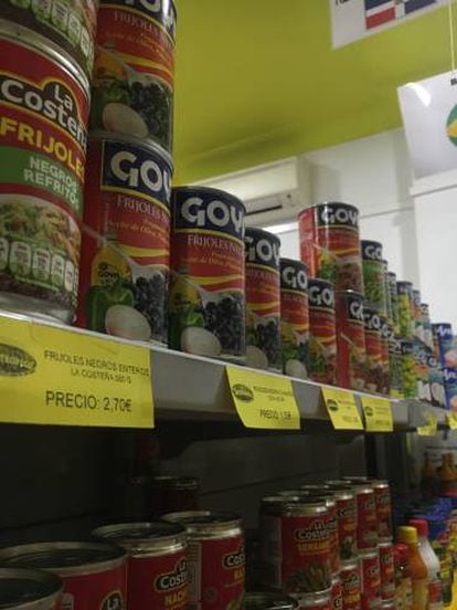 Shelves stacked with cans of ‘Goya’ beans in Intertropico, the Latin American grocery store just around the corner from Plaza de España.