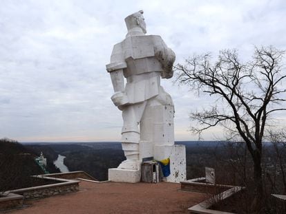 The monument to Artyom in Sviatohirsk, Ukraine, in February.