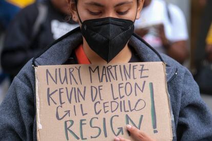 A protester outside City Hall during the Los Angeles City Council meeting. 