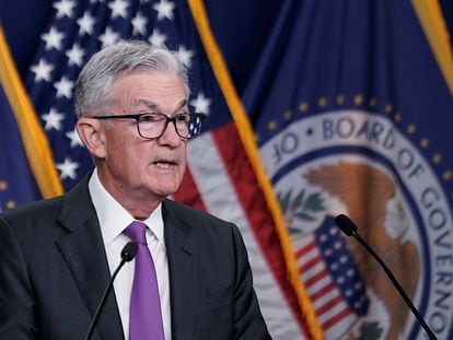Federal Reserve Board Chairman Jerome Powell speaks during a press conference in Washington, on July 26, 2023.