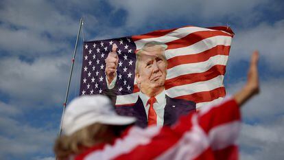 A flag featuring former President Donald Trump that supporters are flying near his Mar-a-Lago home on March 20, 2023 in Palm Beach, Florida.
