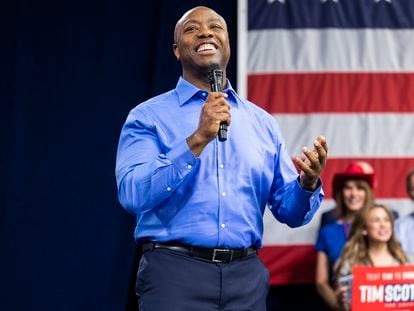 Republican presidential candidate Tim Scott delivers his speech announcing his candidacy for president on the campus of Charleston Southern University in South Carolina, on May 22, 2023.