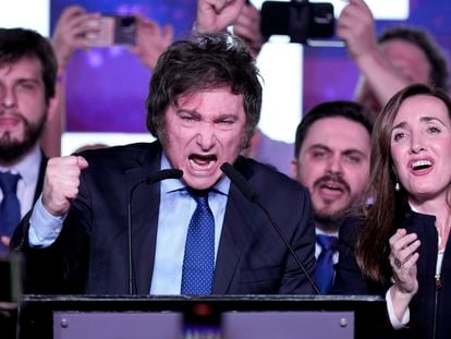 Javier Milei speaks at his campaign headquarters after the polling stations close in Buenos Aires.