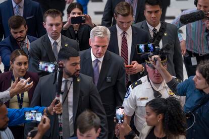 House Speaker Kevin McCarthy, center, Wednesday on Capitol Hill