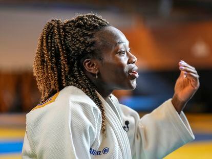 French judoka Clarisse Agbegnenou gestures during an interview with The Associated-Press in Paris, Wednesday, June 14, 2023.