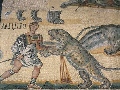 A 4th century mosaic – preserved in Tusculum, Italy –  portrays a gladiator fighting a tiger,