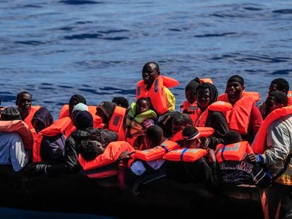Migrants rescued by the NGO Open Arms in April 2023.