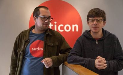 Andrew Ring and Evan Rochte, employees at Auticon's office in Santa Monica, California.