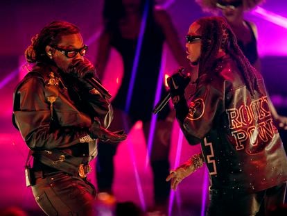 Offset, left, and Quavo of Migos perform at the BET Awards on June 25, 2023, at the Microsoft Theater in Los Angeles.