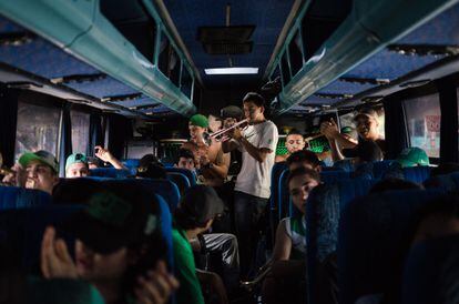 Some members of Los del Sur, during a trip organized to go watch an Atlético Nacional away game