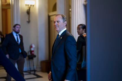 Rep. Adam Schiff stands outside the chamber after the Republican-controlled House voted to censure him for comments he made several years ago about investigations into Trump's ties to Russia